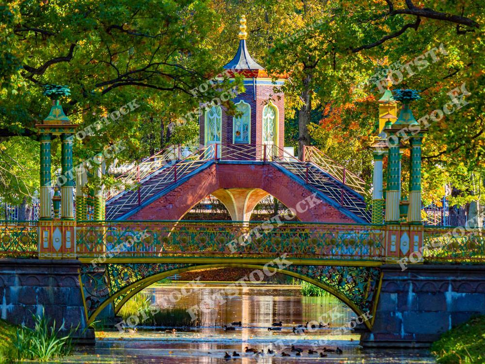 Живописный летний вид на парковые мосты в китайском стиле в окрестностях Санкт-Петербурга, в городе Пушкин Ленинградской области. Цветные декоративные мосты, украшенные узорами и рисунками, гармонично вписываются в природный ландшафт парка. Фотография подчёркивает красоту архитектуры парков, спокойную атмосферу и культурное наследие северной столицы России. Изображение идеально подходит для публикаций о путешествиях по России, парках Петербурга, архитектуре, культурных достопримечательностях и городских панорамах.